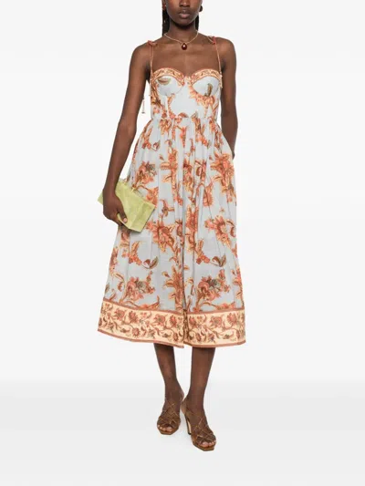 Zimmermann Womens Blue Jacobean Aster Corseted Printed Cotton Midi Dress In Multi