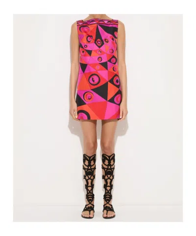 Pucci Fuchsia And Black Occhi-print Silk Twill Mini Dress In Multi