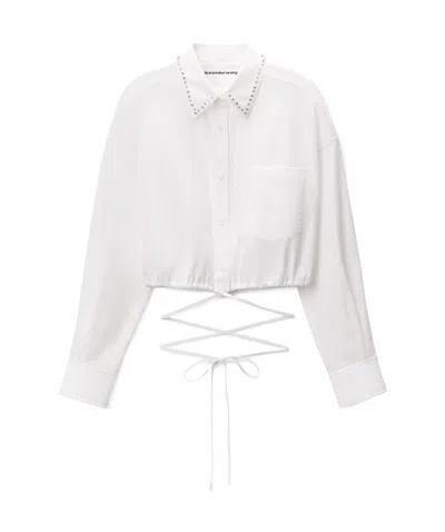 Alexander Wang Crystal Stud Crop Drawstring Waist Cotton Button-up Shirt In White