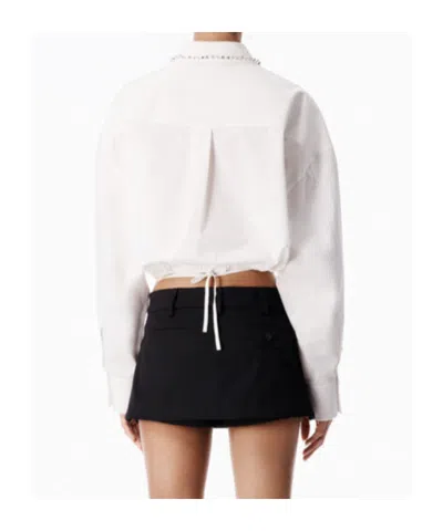 Alexander Wang Crystal Stud Crop Drawstring Waist Cotton Button-up Shirt In White