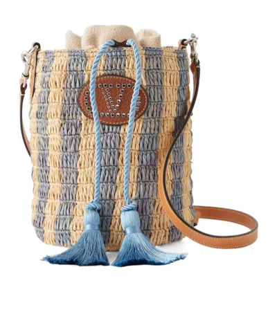 Valentino Garavani Small Bucket Bag In Raffia With Beige And Light Blue Stripes In Multi