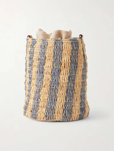 Valentino Garavani Small Bucket Bag In Raffia With Beige And Light Blue Stripes In Multi