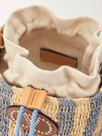 Valentino Garavani Small Bucket Bag In Raffia With Beige And Light Blue Stripes In Multi