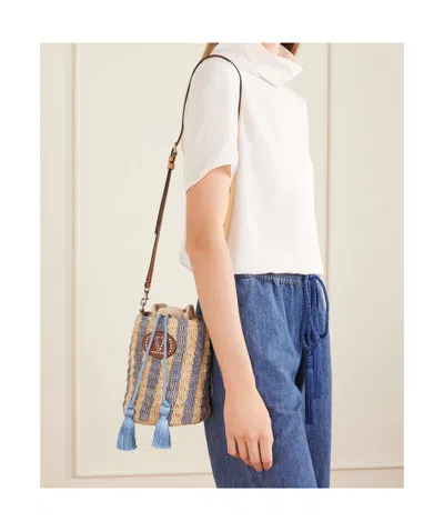 Valentino Garavani Small Bucket Bag In Raffia With Beige And Light Blue Stripes In Multi