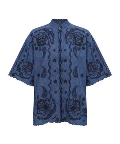 Zimmermann Aster Denim Shirt With All-over Contrasting Embroidery In Blue