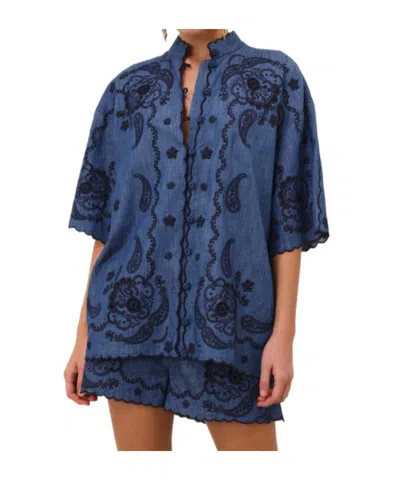 Zimmermann Aster Denim Shirt With All-over Contrasting Embroidery In Blue
