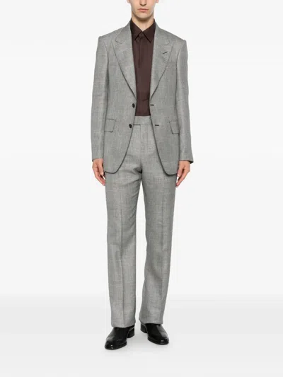 Tom Ford Herringbone Wool Silk Blend Tailored Blazer In Gray