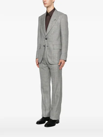 Tom Ford Herringbone Wool Silk Blend Tailored Blazer In Gray