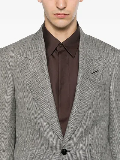 Tom Ford Herringbone Wool Silk Blend Tailored Blazer In Gray