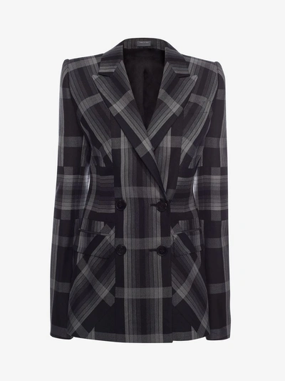 Alexander Mcqueen Woman Checked Silk And Wool-blend Blazer Charcoal In Grey Black