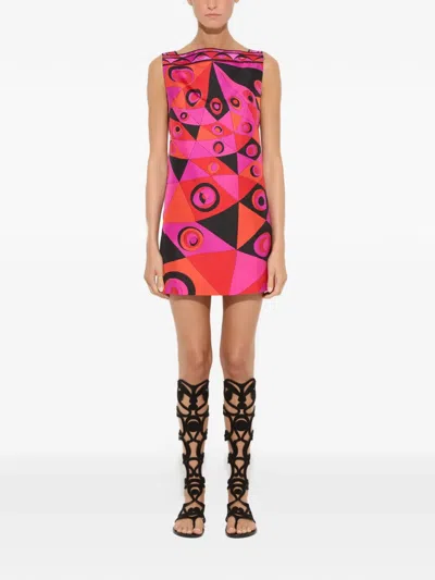 Pucci Fuchsia And Black Occhi-print Silk Twill Mini Dress In Pink