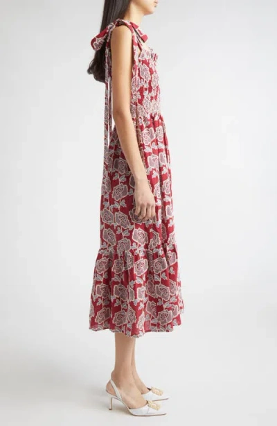 Erdem Floral Embroidered Tiered Cotton Blend Midi Sundress In Red
