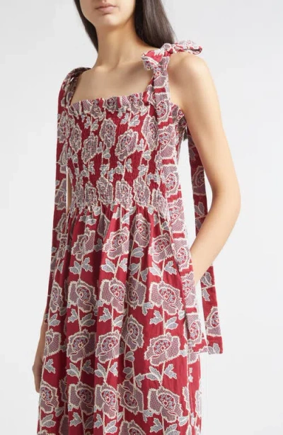 Erdem Floral Embroidered Tiered Cotton Blend Midi Sundress In Red