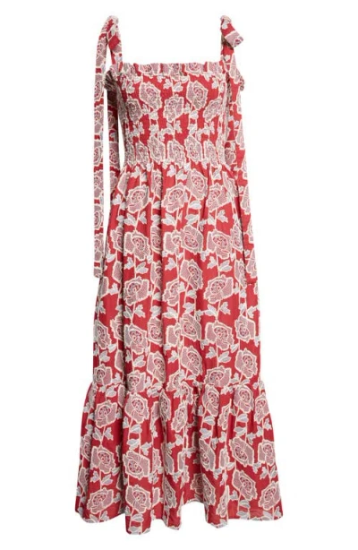 Erdem Floral Embroidered Tiered Cotton Blend Midi Sundress In Red