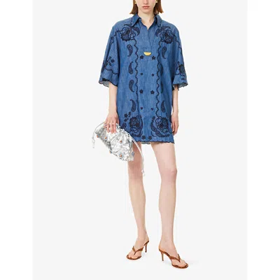 Zimmermann Aster Broderie Anglaise-trimmed Cotton-denim Mini Dress In Blue