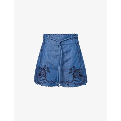 Zimmermann Womens Railway Blue Aster Embroidered Denim Shorts Xs In Blue