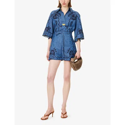 Zimmermann Womens Railway Blue Aster Embroidered Denim Shorts Xs In Blue