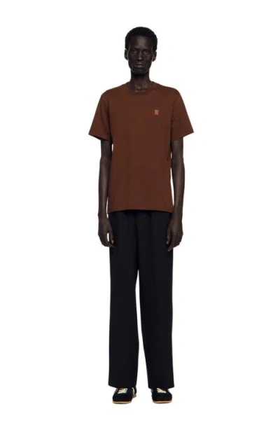 Sandro Mens Ginger Bread Logo-patch Crewneck Cotton T-shirt In Brown