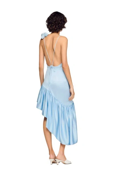 Sandro Paris Lyocell-linen Asymmetric Ruffle Midi Dress In Blue