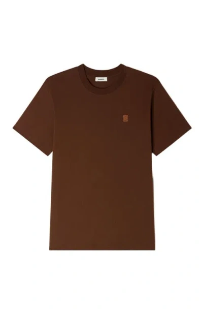 Sandro Mens Ginger Bread Logo-patch Crewneck Cotton T-shirt In Brown