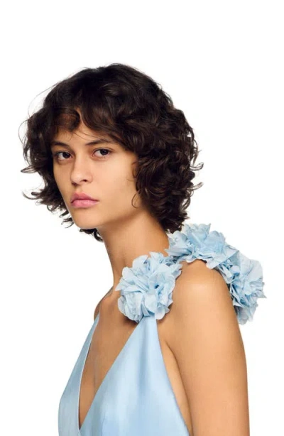 Sandro Paris Lyocell-linen Asymmetric Ruffle Midi Dress In Blue