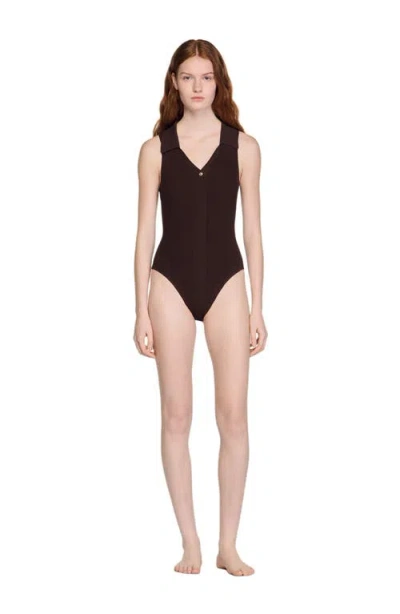 Sandro Womens Brown Ribbed Polo-collar Knitted Bodysuit