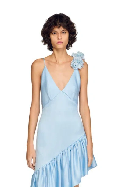 Sandro Paris Lyocell-linen Asymmetric Ruffle Midi Dress In Blue