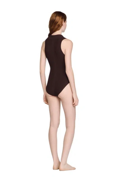 Sandro Womens Brown Ribbed Polo-collar Knitted Bodysuit