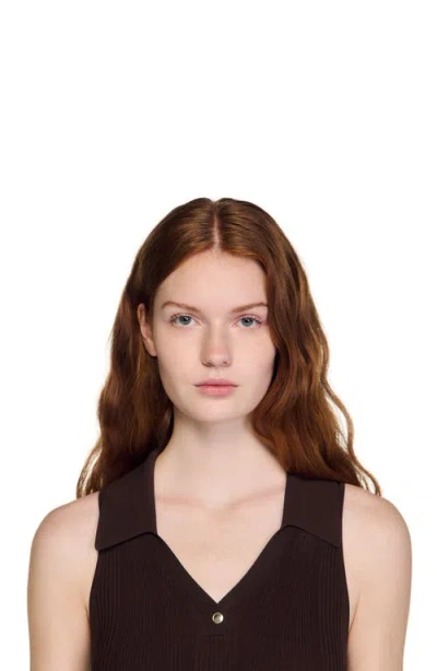 Sandro Womens Brown Ribbed Polo-collar Knitted Bodysuit
