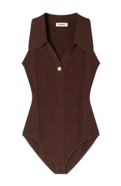 Sandro Womens Brown Ribbed Polo-collar Knitted Bodysuit