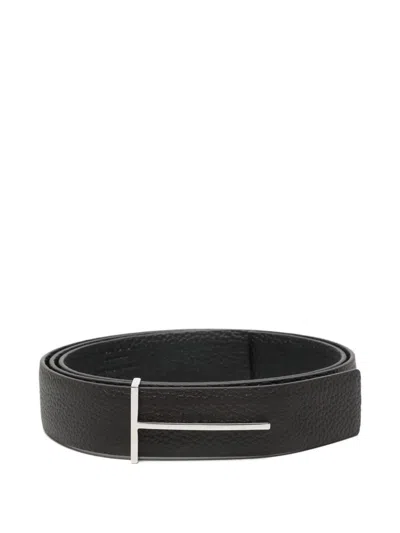 Tom Ford Dark Brown Reversible Textured Silver Buckle Belt In Brown