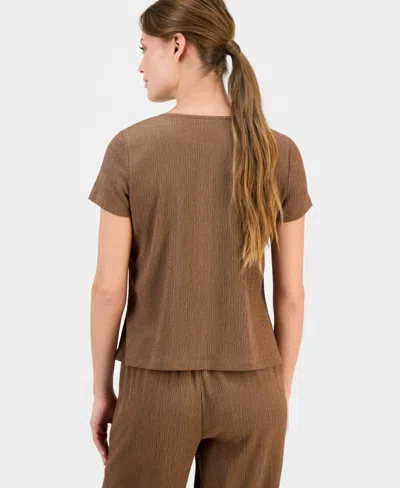 Anne Klein Essentials Petite Button-front Blouse In Brown