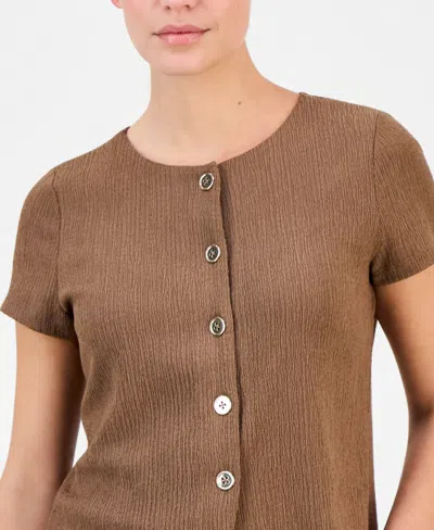 Anne Klein Essentials Petite Button-front Blouse In Brown