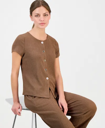 Anne Klein Essentials Petite Button-front Blouse In Brown