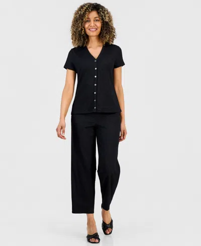 Anne Klein Essentials Petite Button-front Blouse In Black