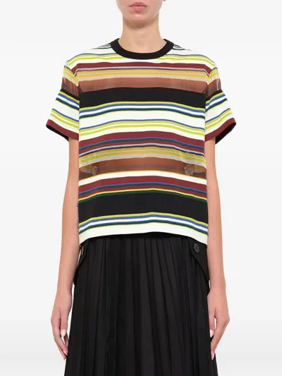 Sacai Stripe-pattern Layered-hem T-shirt In Multi