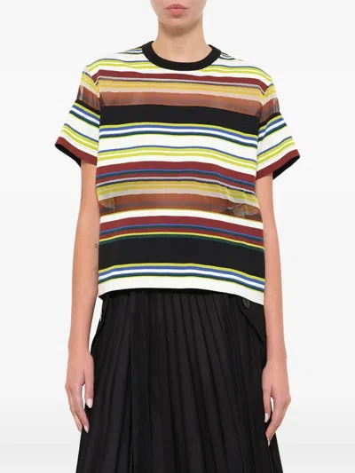 Sacai Stripe-pattern Layered-hem T-shirt In Multi