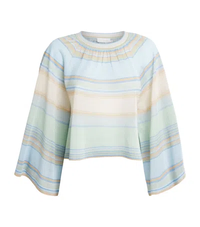 Zimmermann Indra Stripe Bell-sleeve Top In Multi