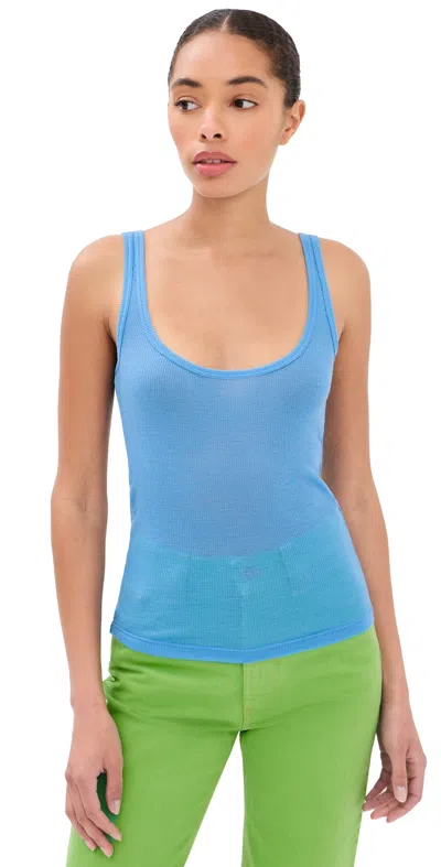 Versace Ribbed Silk-nylon Sleeveless Top With Subtle Logo In Blue