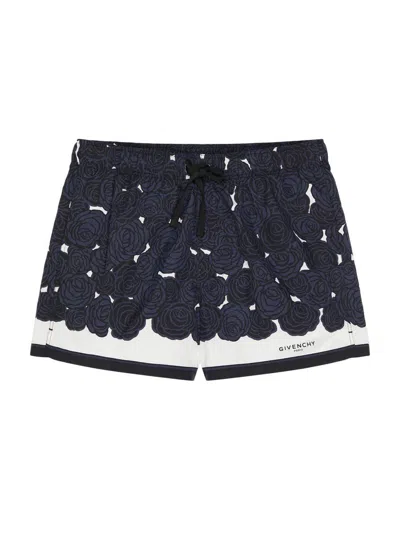 Givenchy Mens Dark Navy Roses Drawstring Silk Shorts In Blue