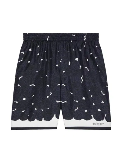 Givenchy Mens Dark Navy Roses Drawstring Silk Shorts In Blue