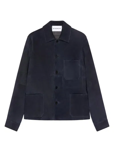 Givenchy Blue Jacket With Classic Collar And Front Pockets Insuede Man In Blue
