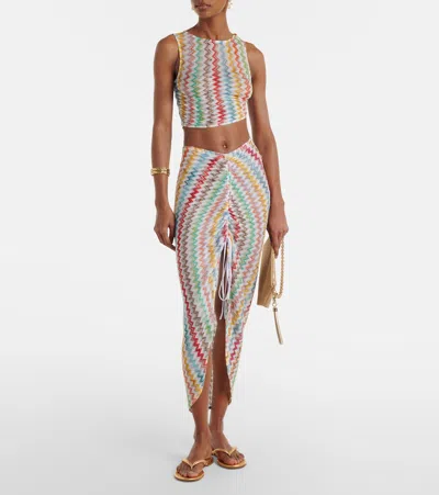 Missoni Gathered Striped Metallic Crochet-knit Midi Skirt In Blue