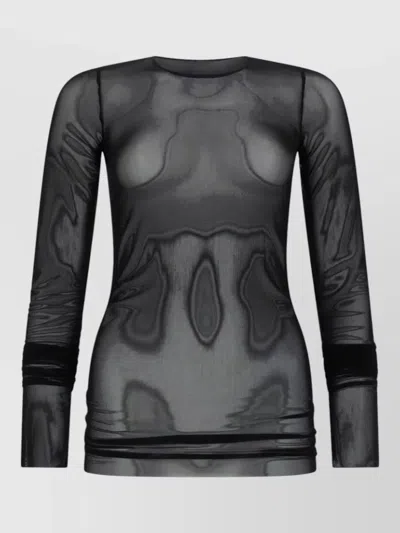 Rick Owens Long Sleeve Stretch Sheer Round Neck Top In Black
