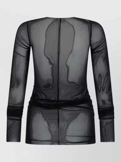 Rick Owens Long Sleeve Stretch Sheer Round Neck Top In Black