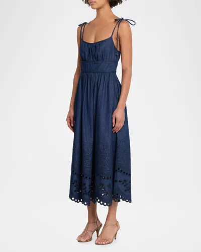 Zimmermann Mohan Broderie Anglaise Trim Denim Midi Dress In Blue