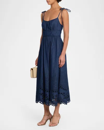 Zimmermann Mohan Broderie Anglaise Trim Denim Midi Dress In Blue