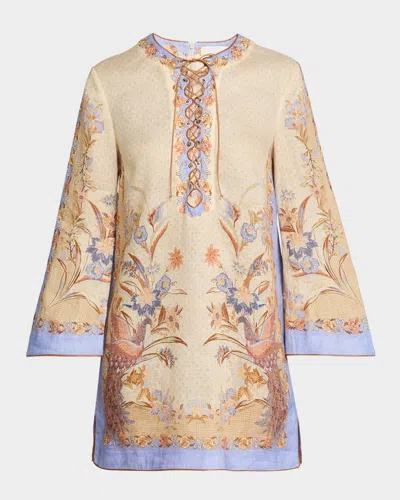 Zimmermann Womens Biscuit Scarf Floral Indra Floral-print Linen Tunic Mini Dress Xs In Brown