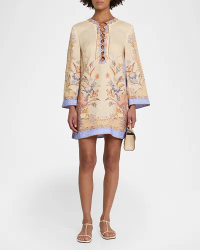 Zimmermann Womens Biscuit Scarf Floral Indra Floral-print Linen Tunic Mini Dress Xs In Brown