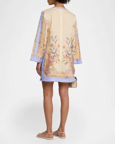 Zimmermann Womens Biscuit Scarf Floral Indra Floral-print Linen Tunic Mini Dress Xs In Brown
